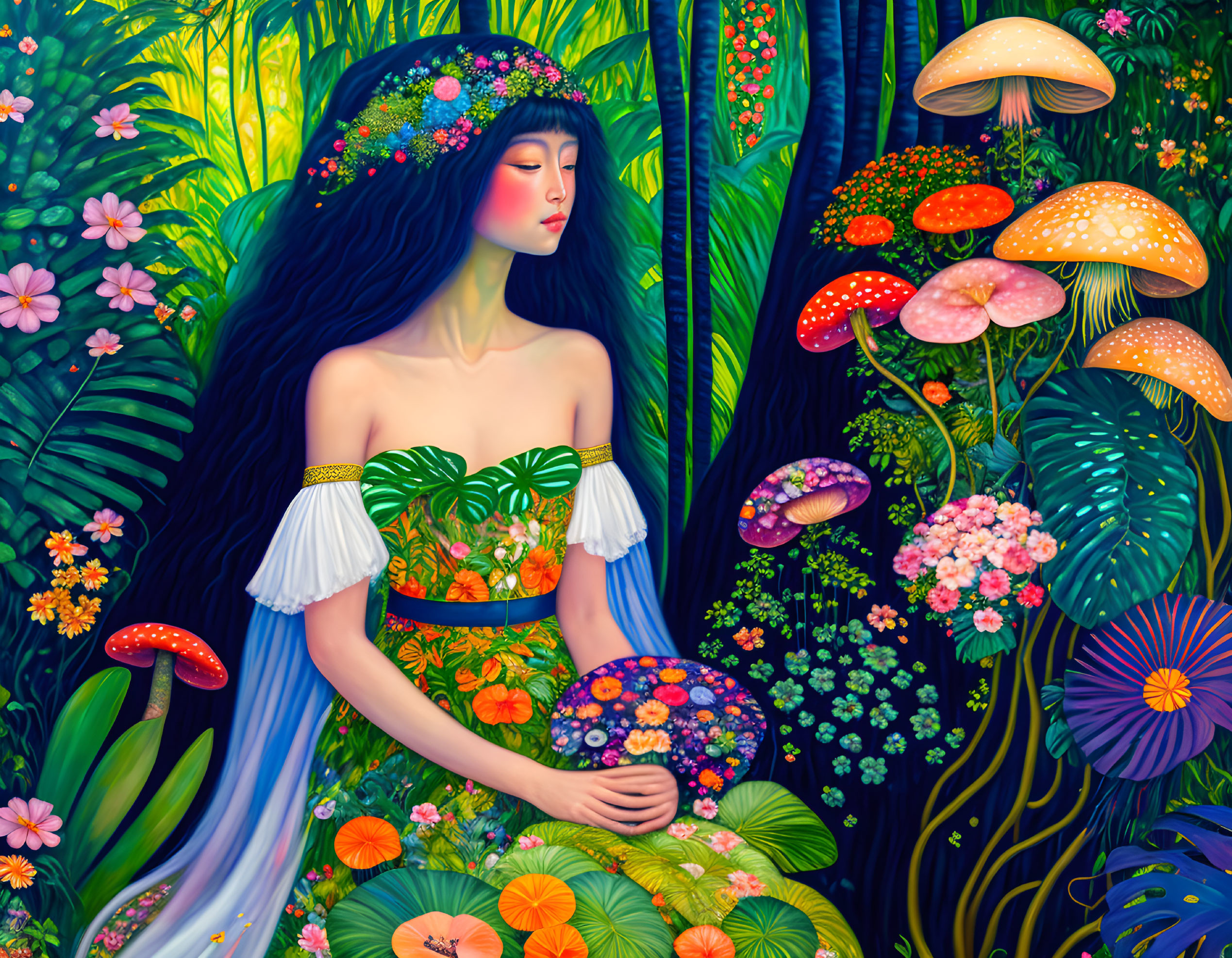 Woman with flower crown in lush forest surrounded by vibrant flora and large mushrooms