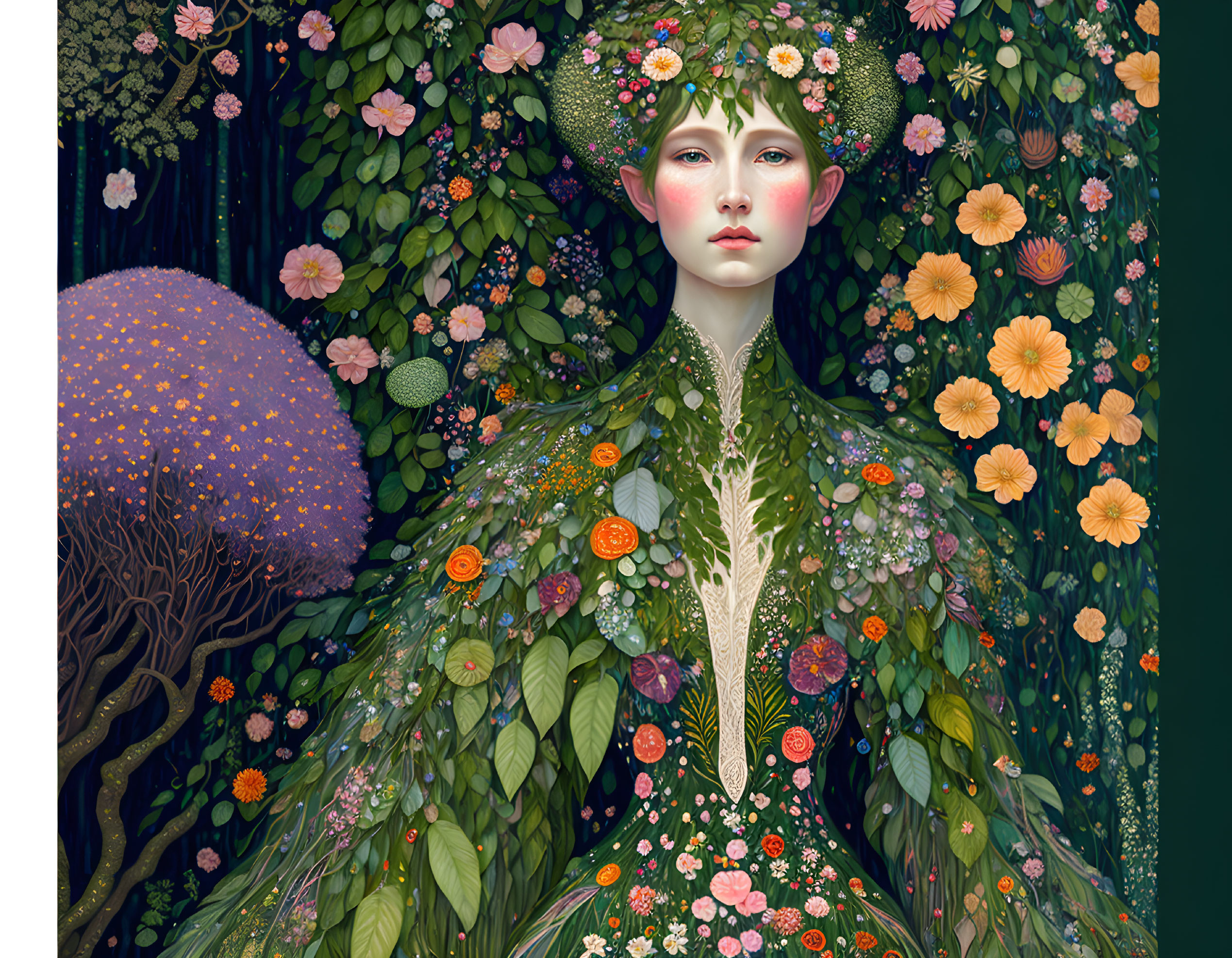 Illustration of woman with floral tapestry in nature-inspired setting