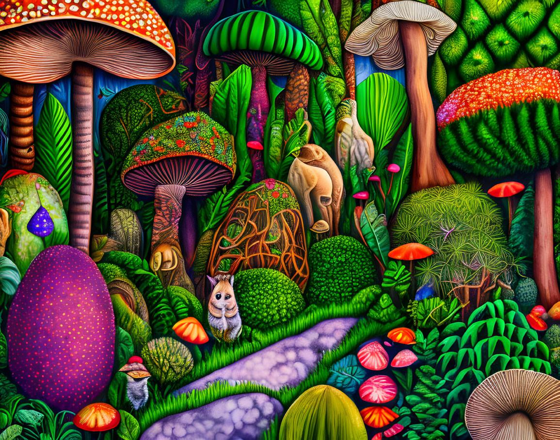 Colorful Mushrooms and Hidden Cat in Vibrant Fantasy Forest