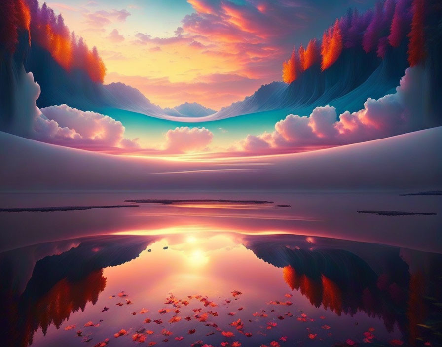 Vibrant surreal landscape: calm lake, fiery treetops, dreamlike sky