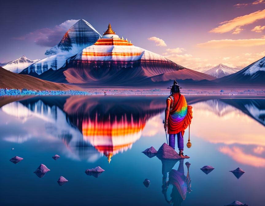 Colorful Attire Figure by Tranquil Lake Reflecting Snow-Capped Mountain at Dusk