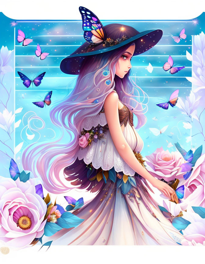 Vibrant illustration of whimsical girl with multicolored hair and butterfly-adorned hat amid