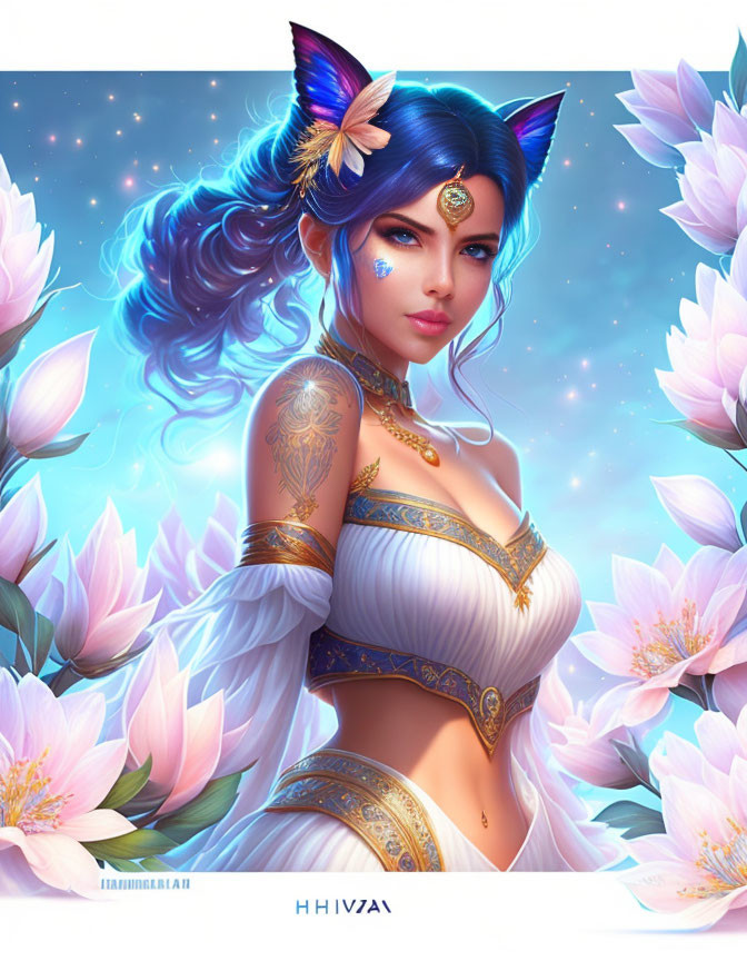 Digital artwork featuring female with cat-like ears, blue crescent moon, pink lotus flowers, and