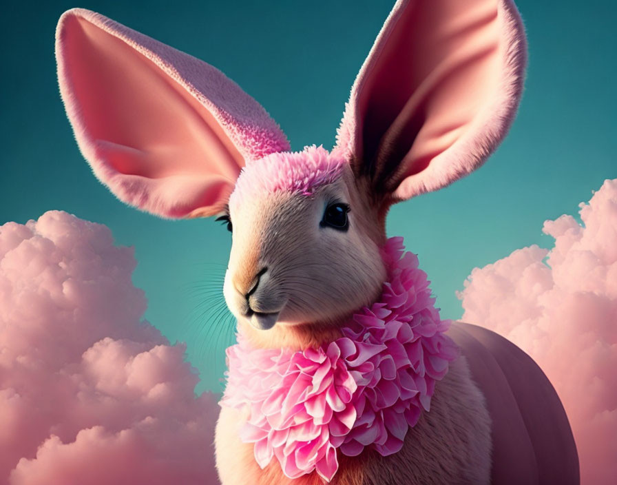 Whimsical digital artwork: Rabbit with pink ears and flower collar on blue background