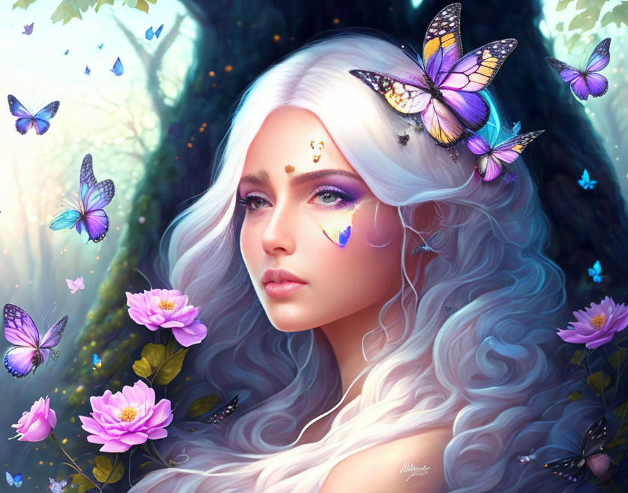 Surreal portrait of woman with white hair, purple flowers, colorful butterflies