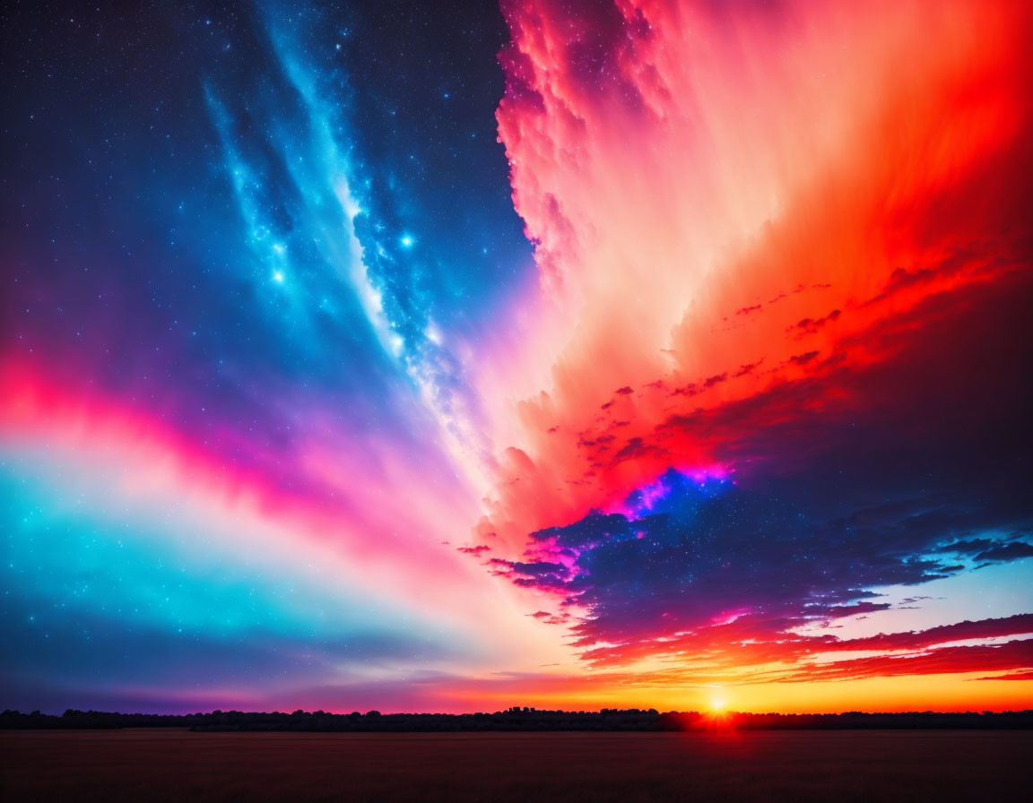 Colorful Sunset Over Silhouetted Horizon and Starlit Sky