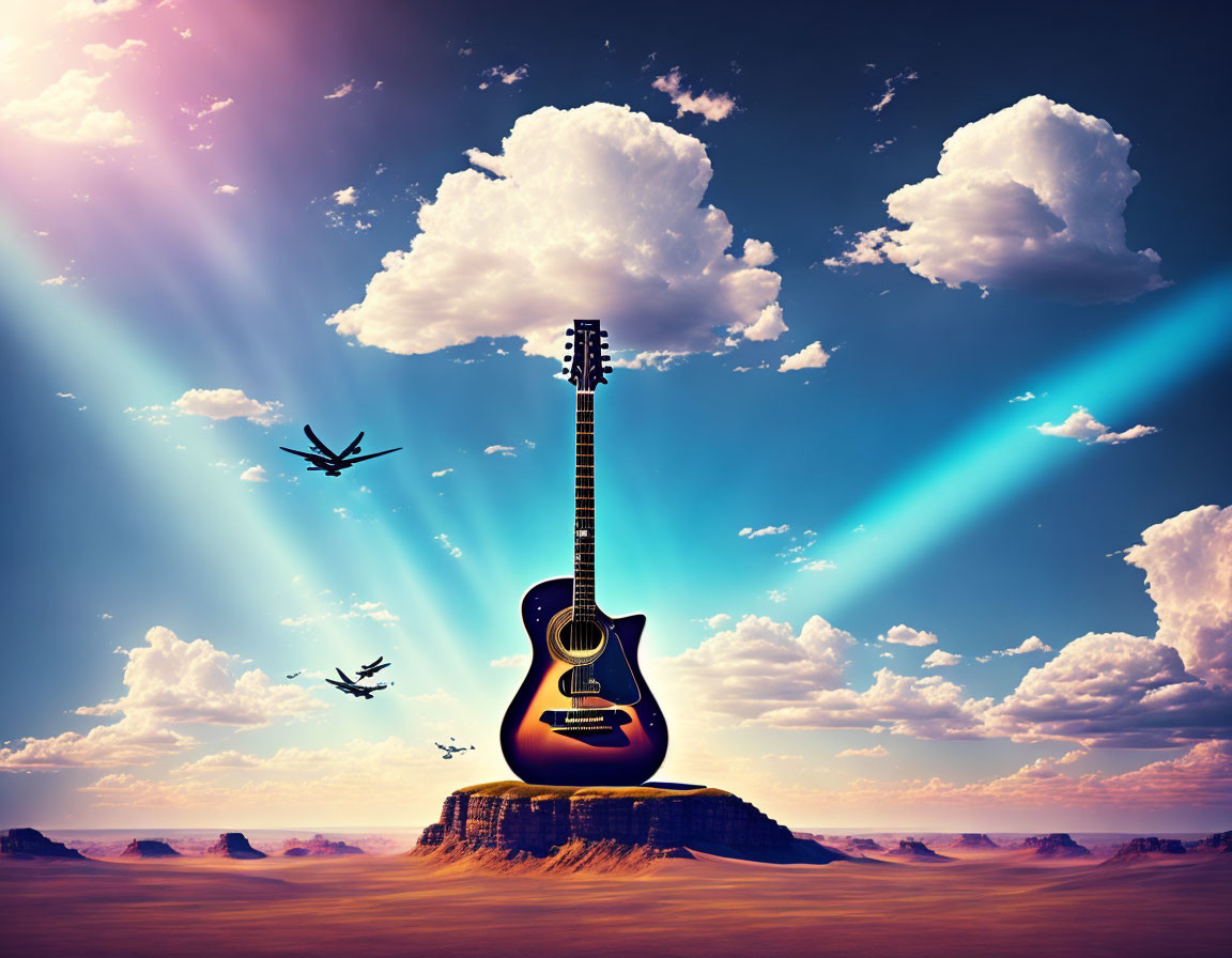 Surreal image: acoustic guitar on desert plateau with flying birds & light rays