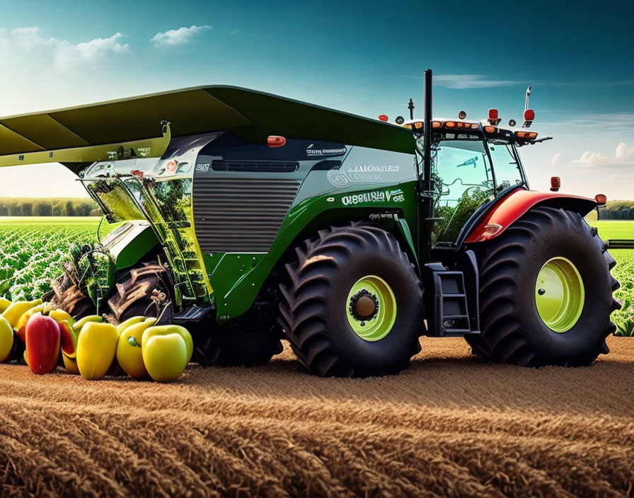 Harvesting tractor in field with ripe bell peppers