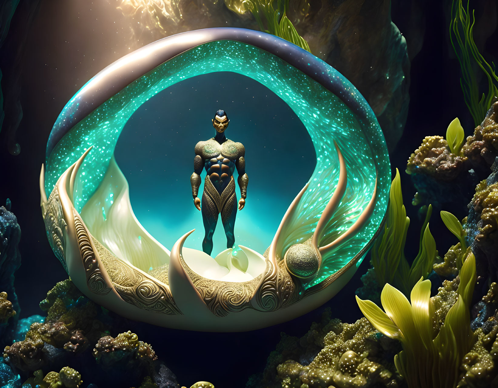 Futuristic muscular human figure in glowing orb with undersea flora