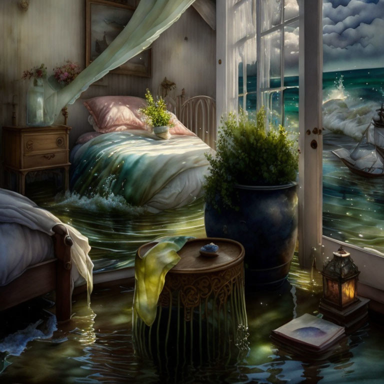 Tranquil bedroom with indoor pond, sailboat reflection, plants, lantern, and floating book