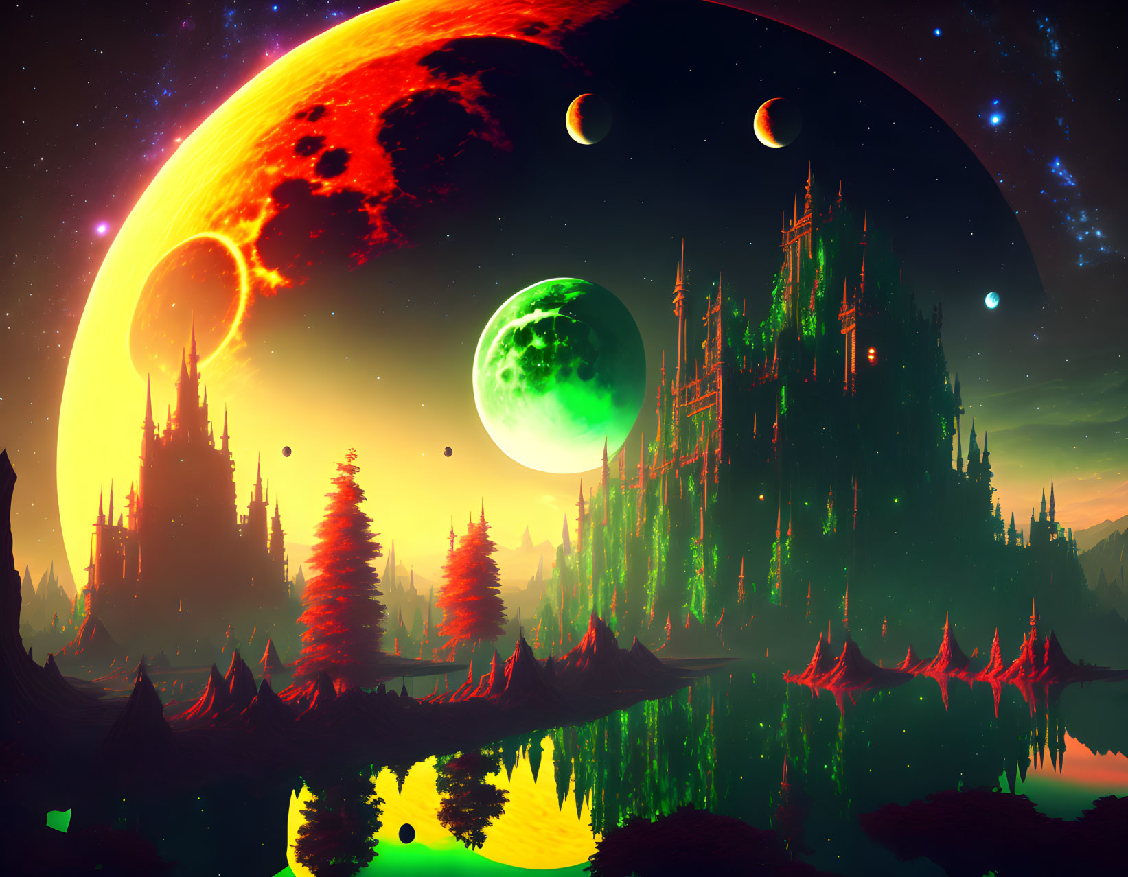 Futuristic sci-fi landscape with green planet, red moon, and crystal city