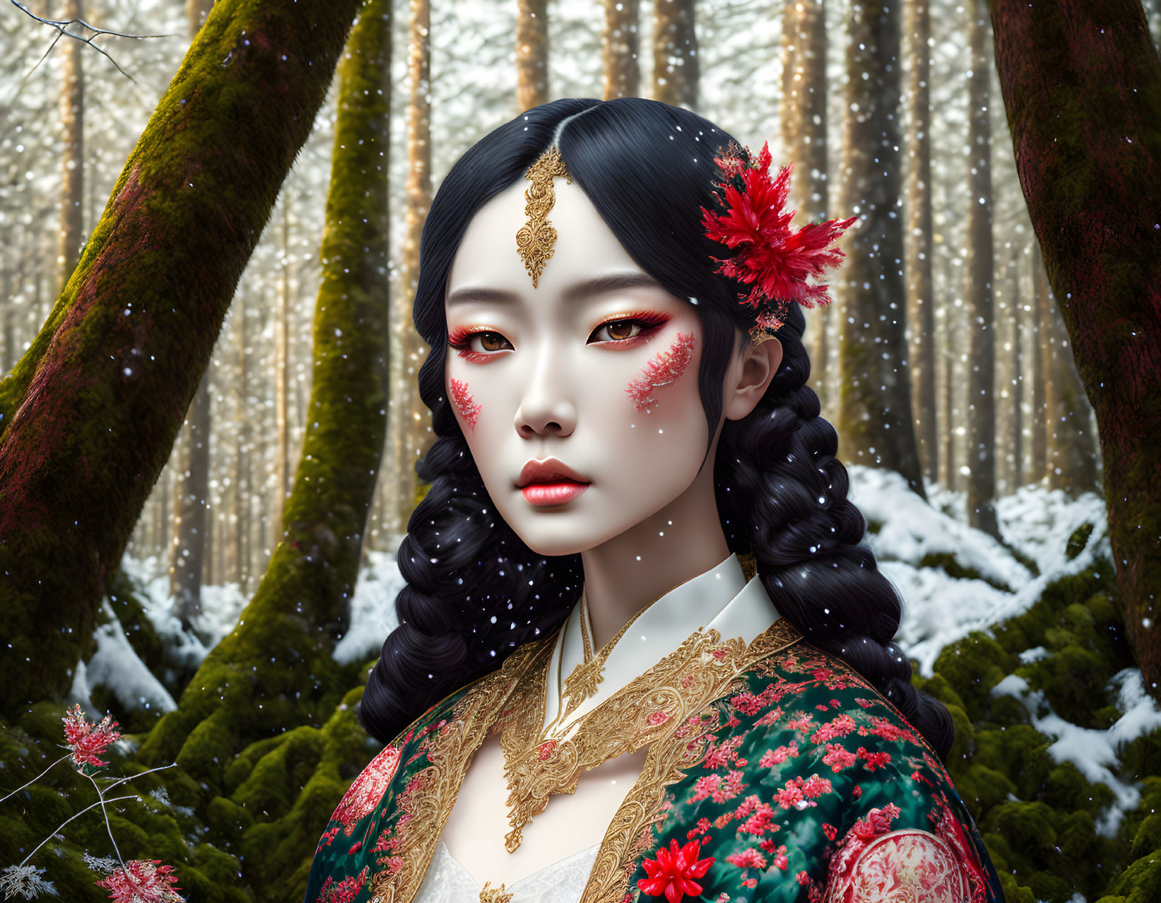 Digital portrait of woman in elaborate makeup and traditional attire in snowy forest