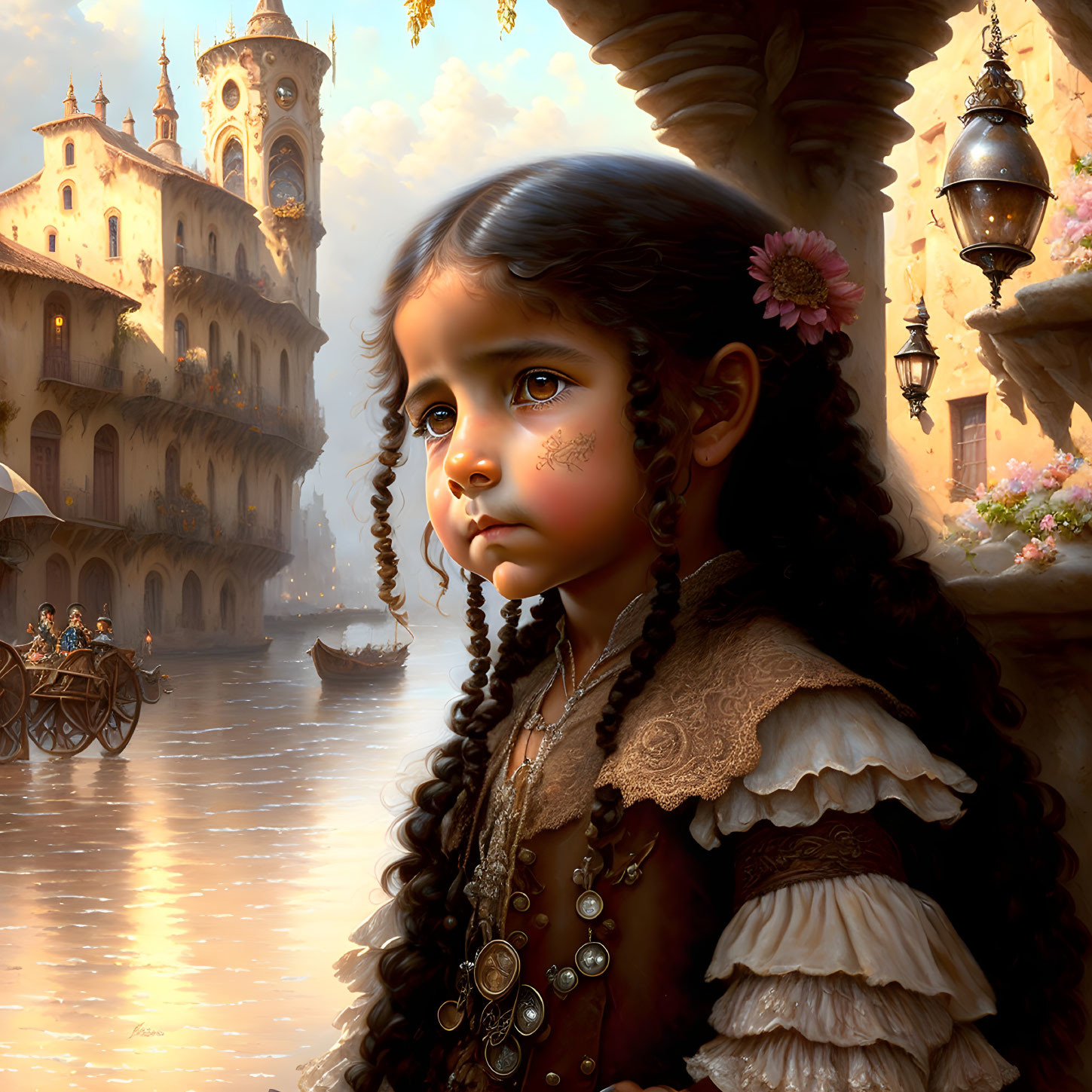 Young girl with intricate face tattoos in ornate attire in sunlit Venice-like city.