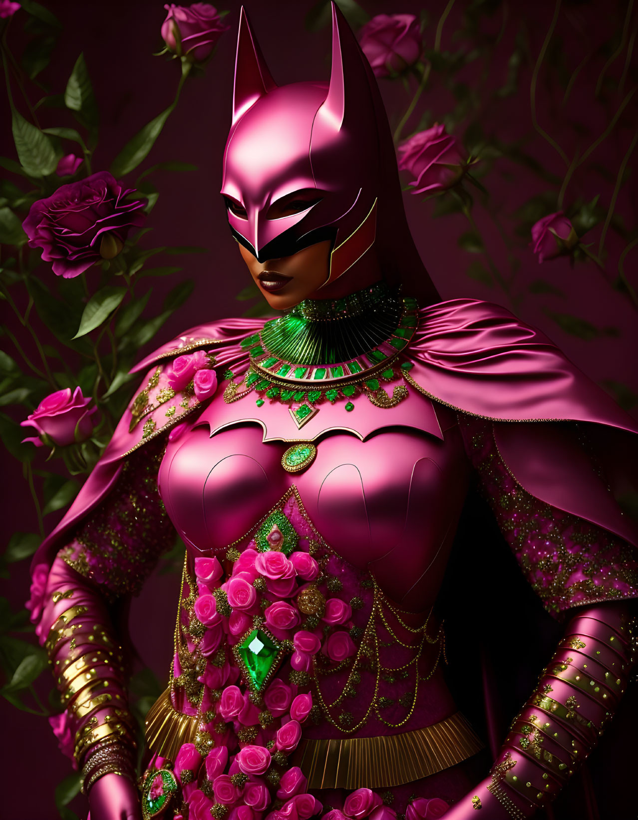 Stylized Batwoman in Pink and Gold Costume with Roses