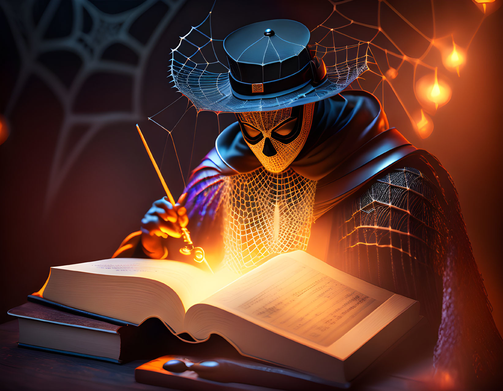 Skull-like masked figure reading a glowing book in warm setting