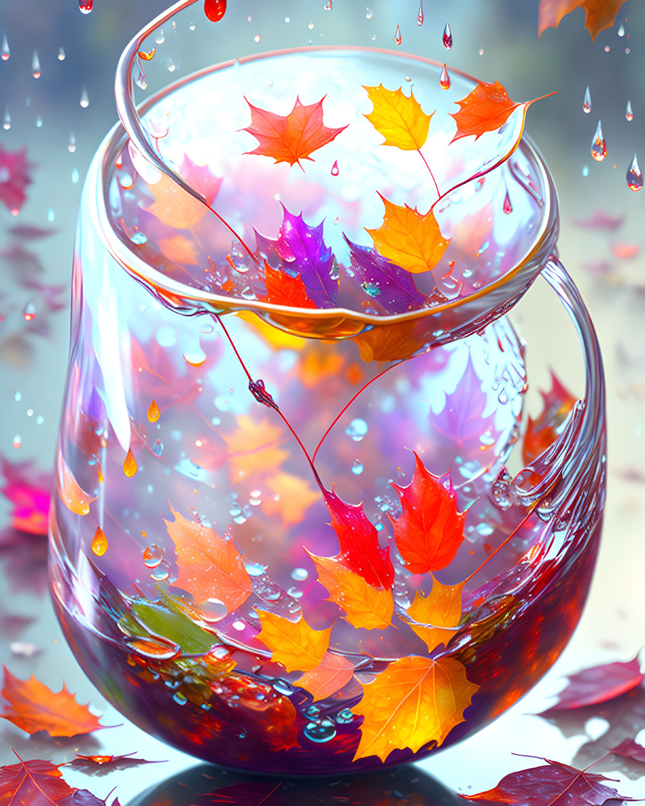 Autumn-themed digital art: glass cup with water, colorful leaves, water droplets.