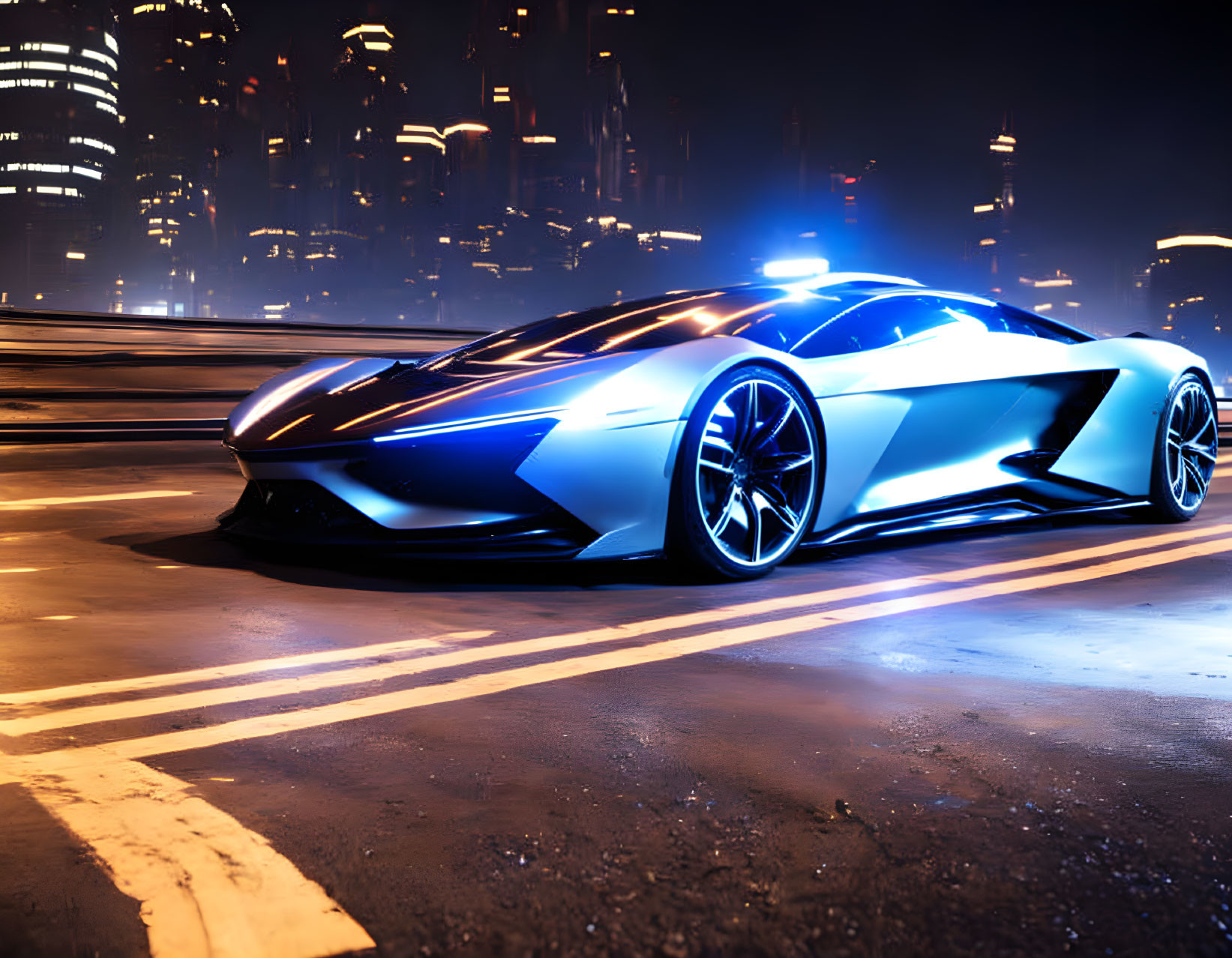 Futuristic car with neon blue accents on urban road at night