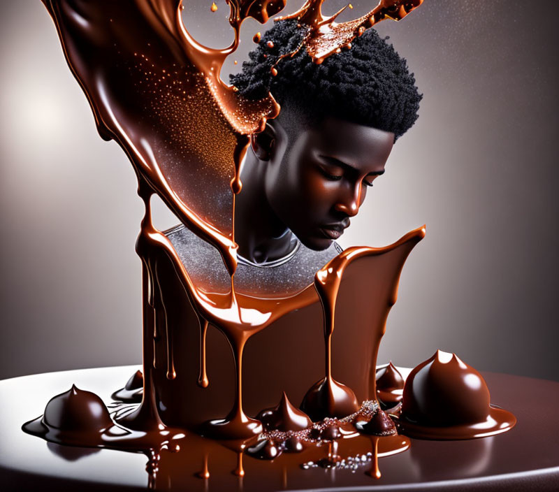 Surreal portrait in cascading glossy chocolate blend