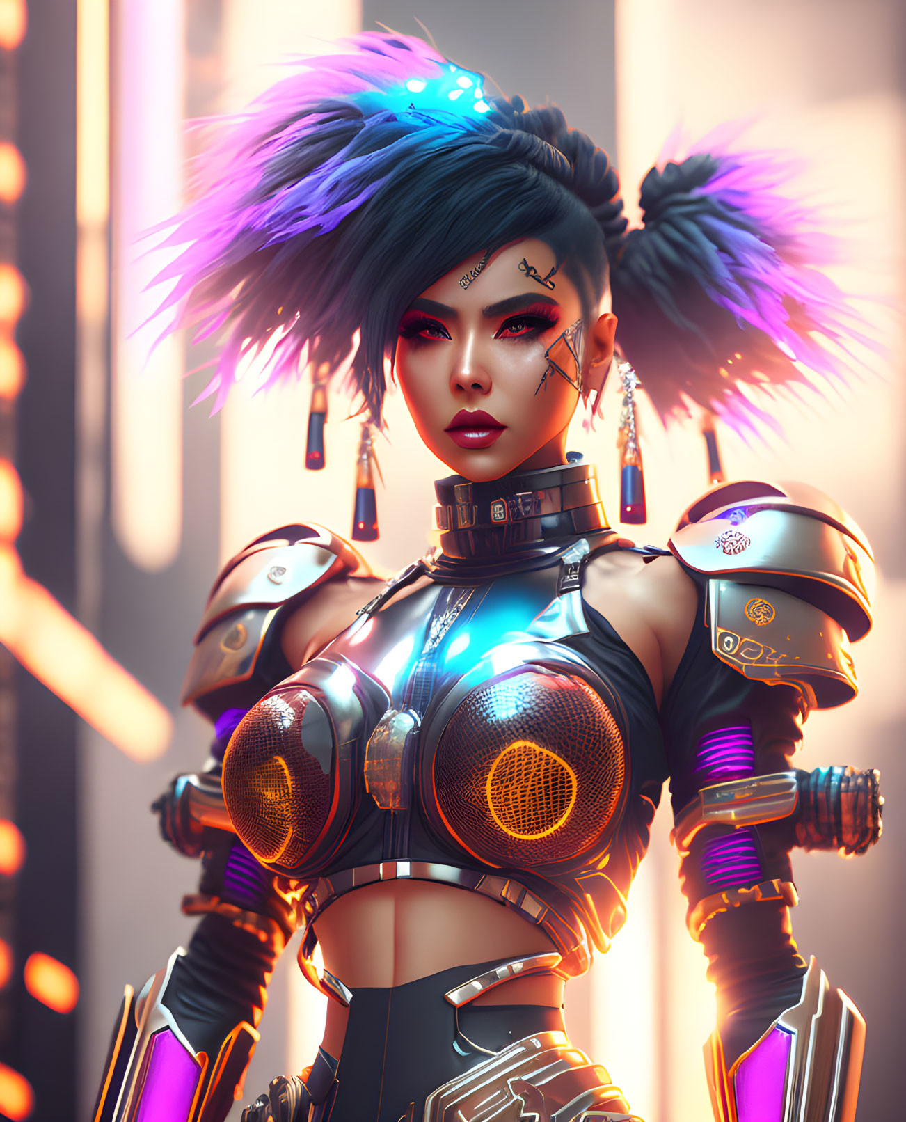 Futuristic female character with blue hair in cybernetic armor