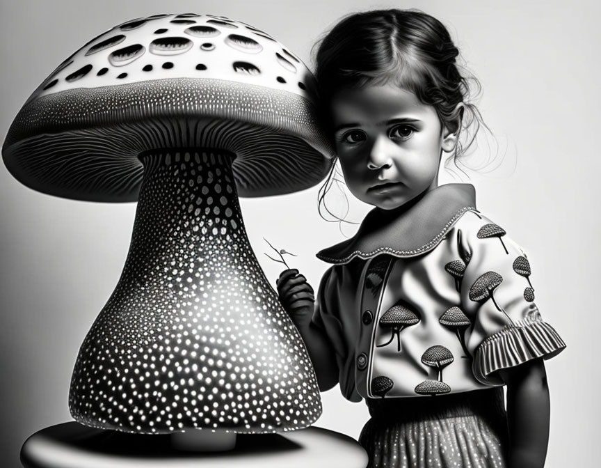 Monochrome image: Young girl with solemn expression and stylistic mushroom.