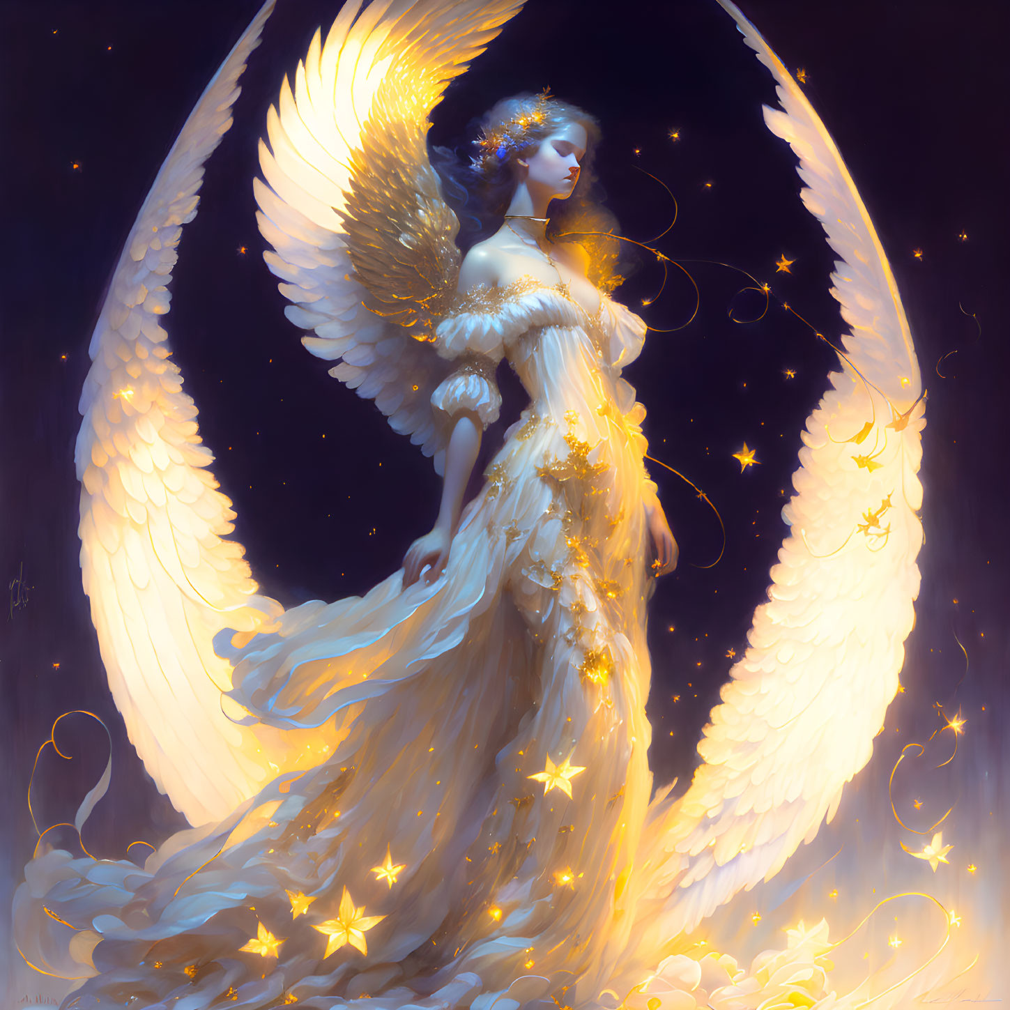 Glowing angel with wings in celestial setting surrounded by stars