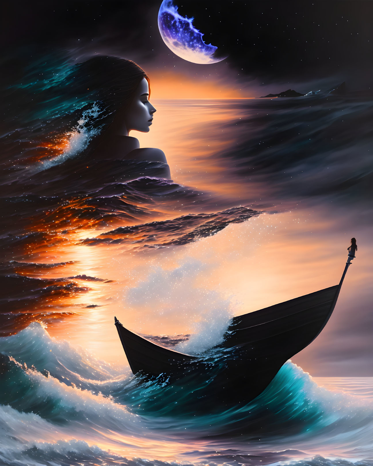 Surreal image: Woman's silhouette merges with night sky above boat on tumultuous seas