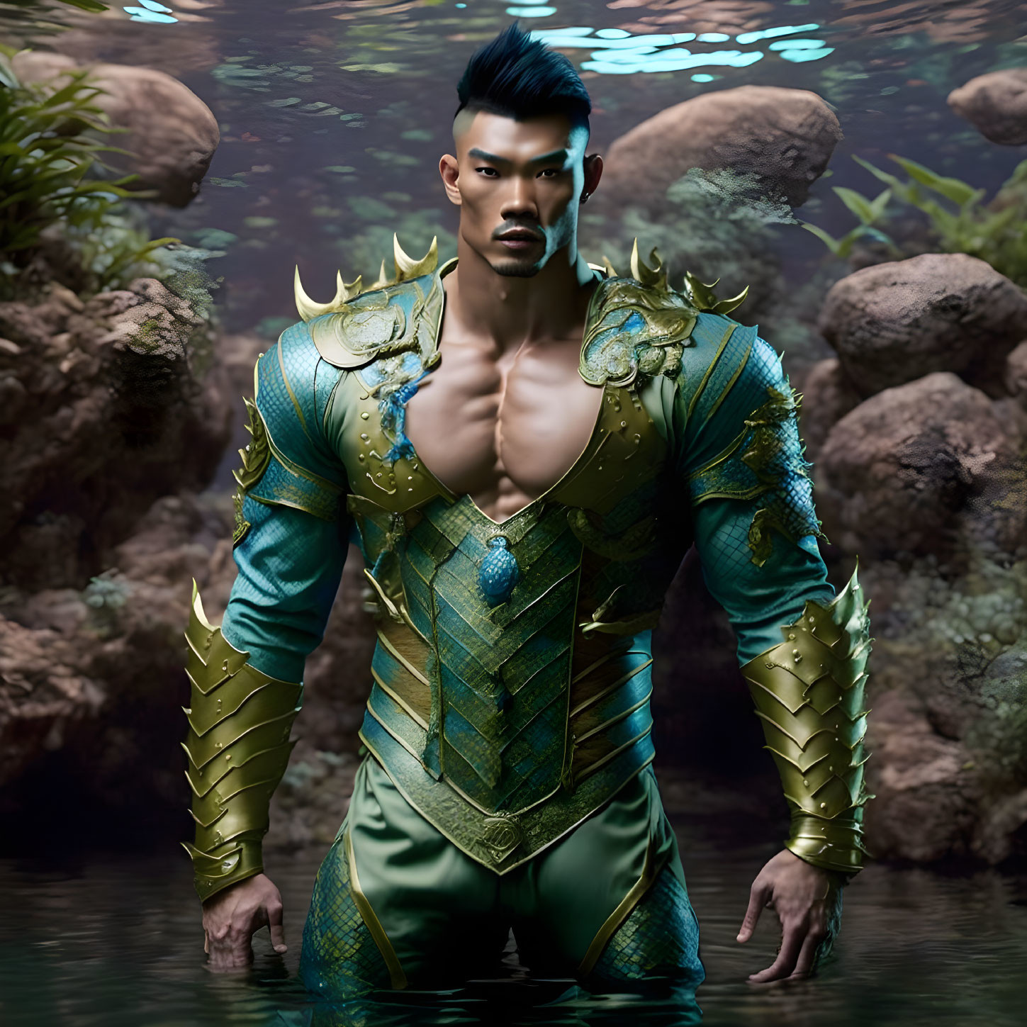 Male Figure in Teal and Gold Fantasy Armor on Rock and Water Background