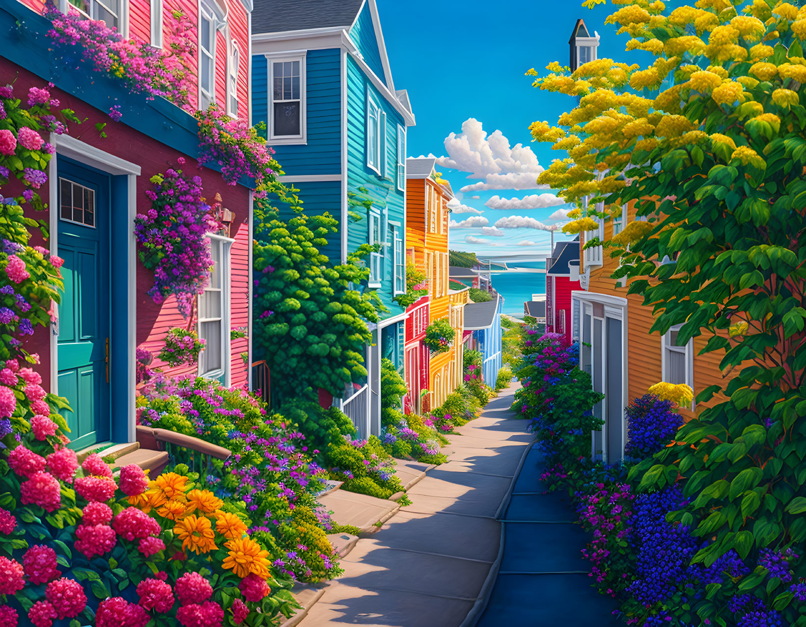 Colorful Houses and Flower-Adorned Street by the Sea