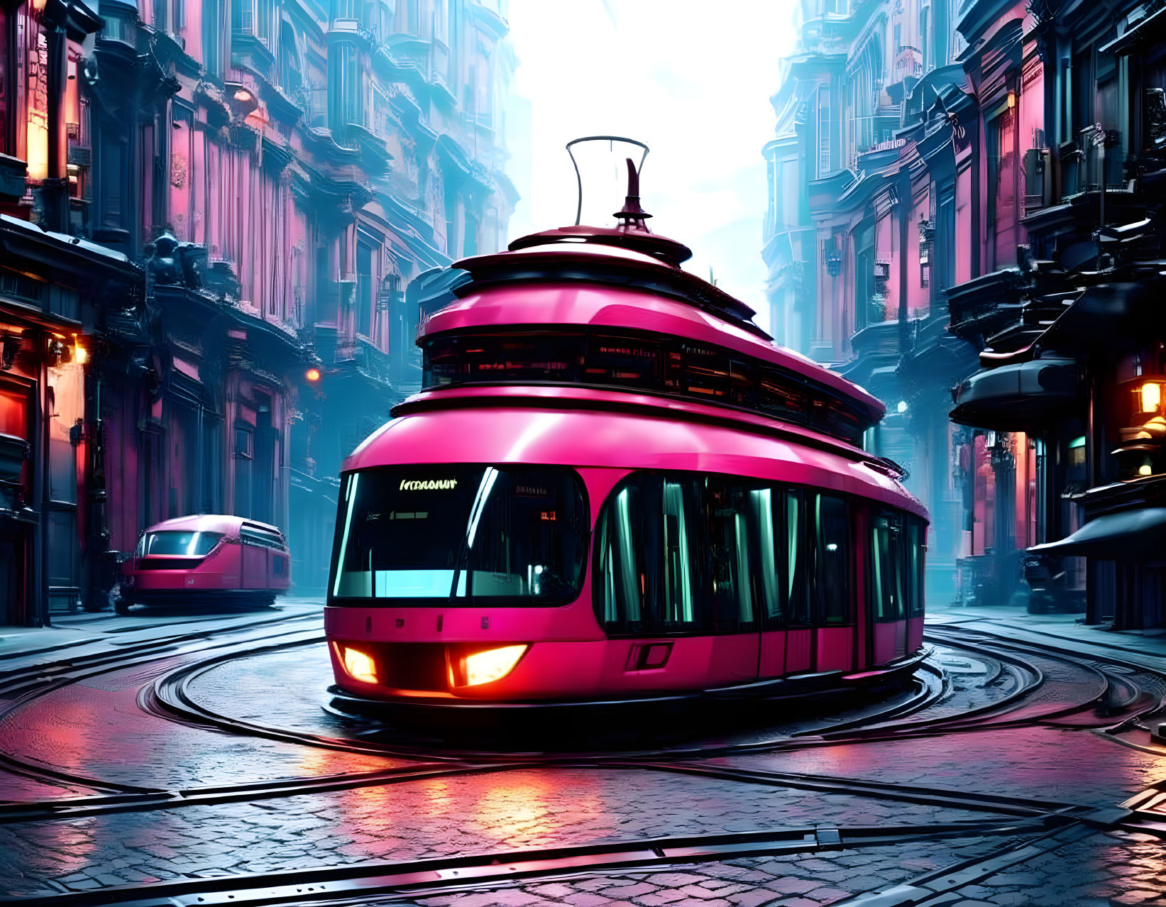 Pink futuristic tram in neon-lit urban street at twilight