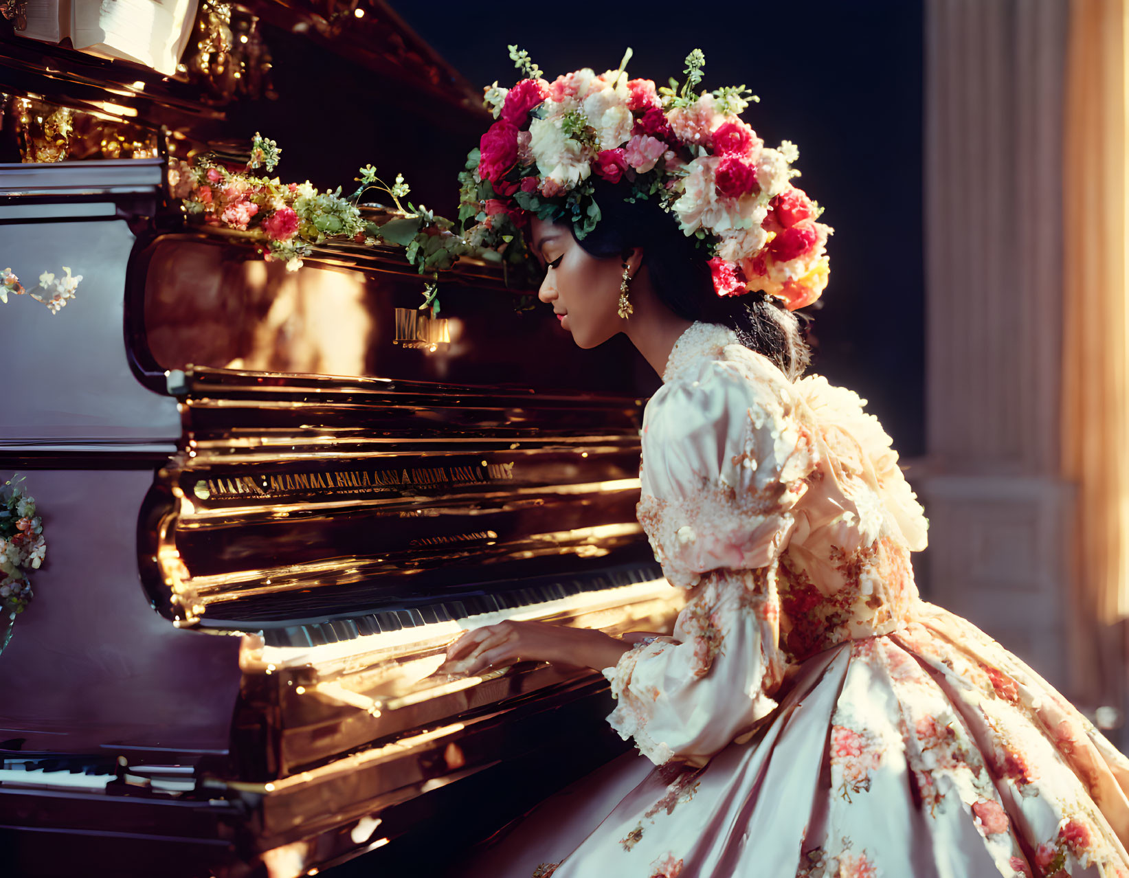 Vintage-dressed woman playing grand piano with floral headpiece