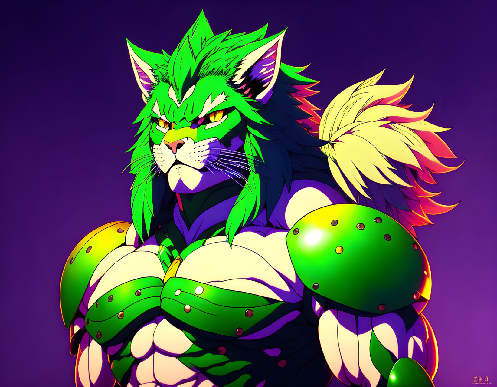 Green-furred, muscular feline character in armor on purple background