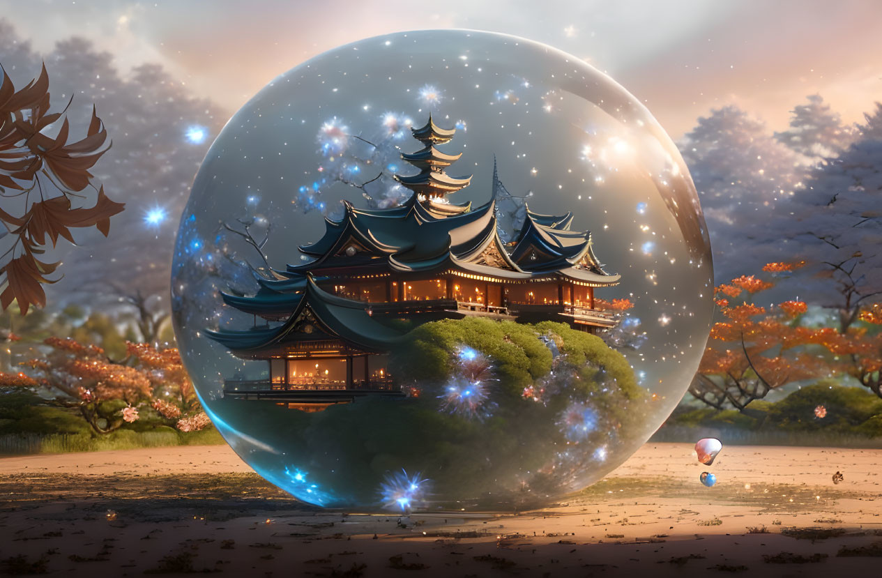 Traditional pagoda in transparent sphere amidst blossoming landscape with hot air balloon