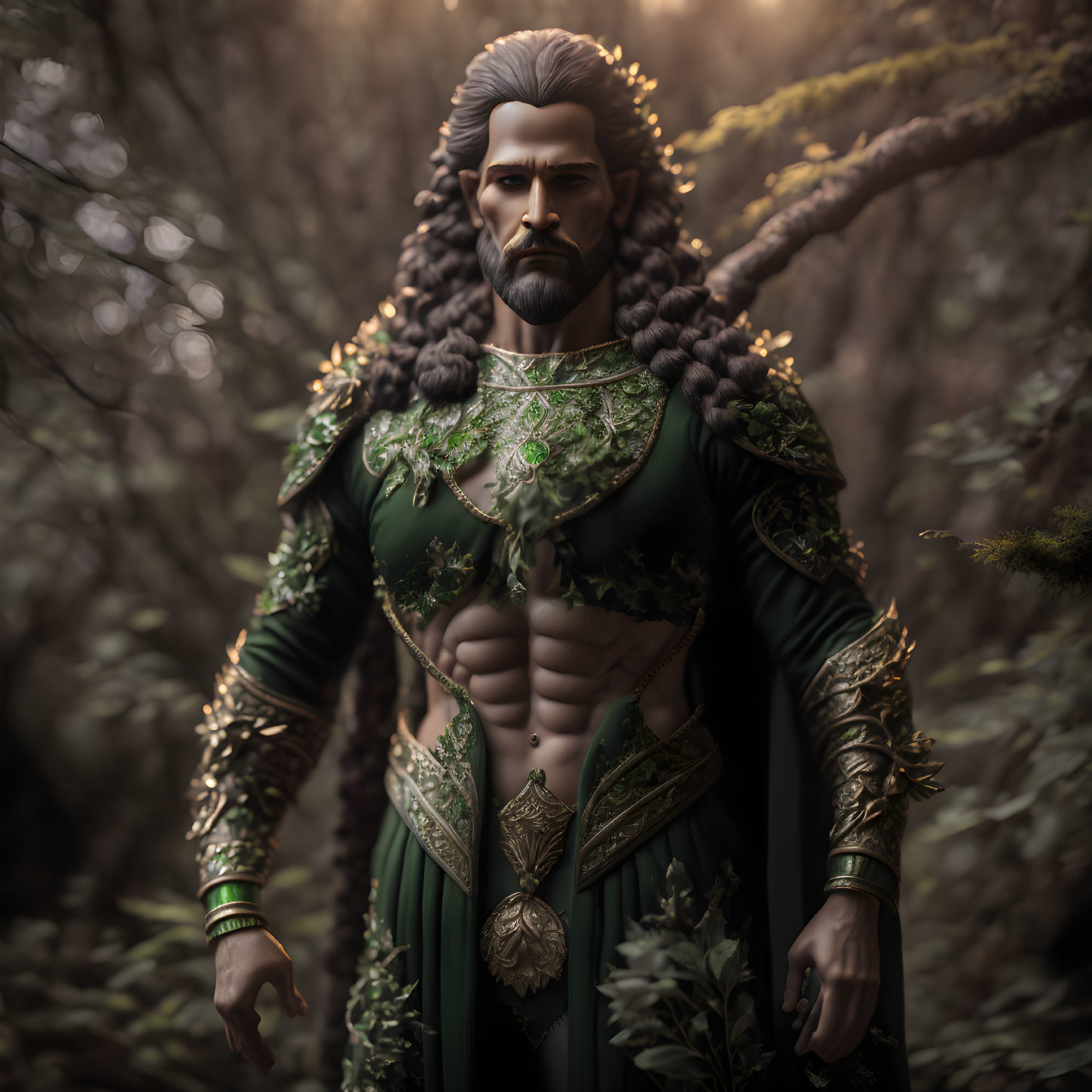 Detailed male character with beard and green warrior outfit in forest setting