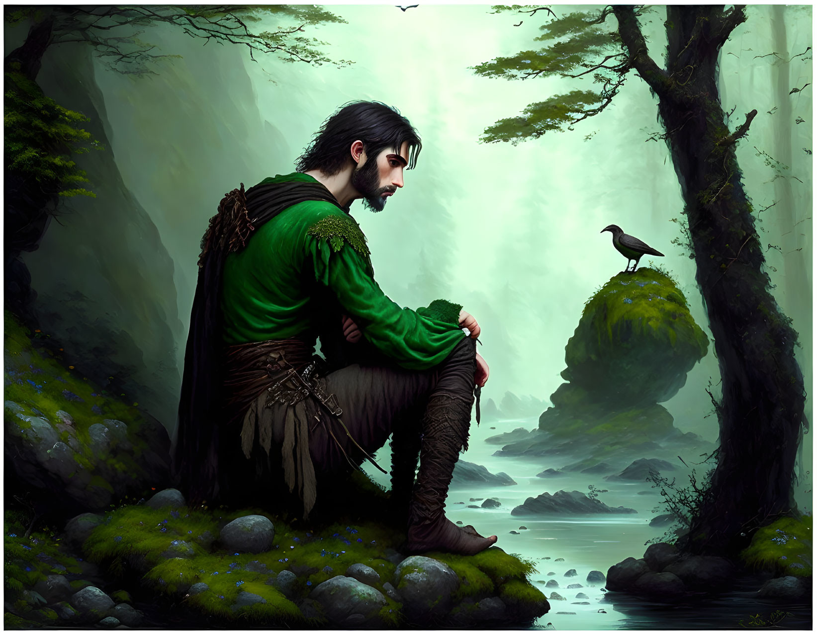 Medieval man by tranquil stream with bird in lush forest landscape