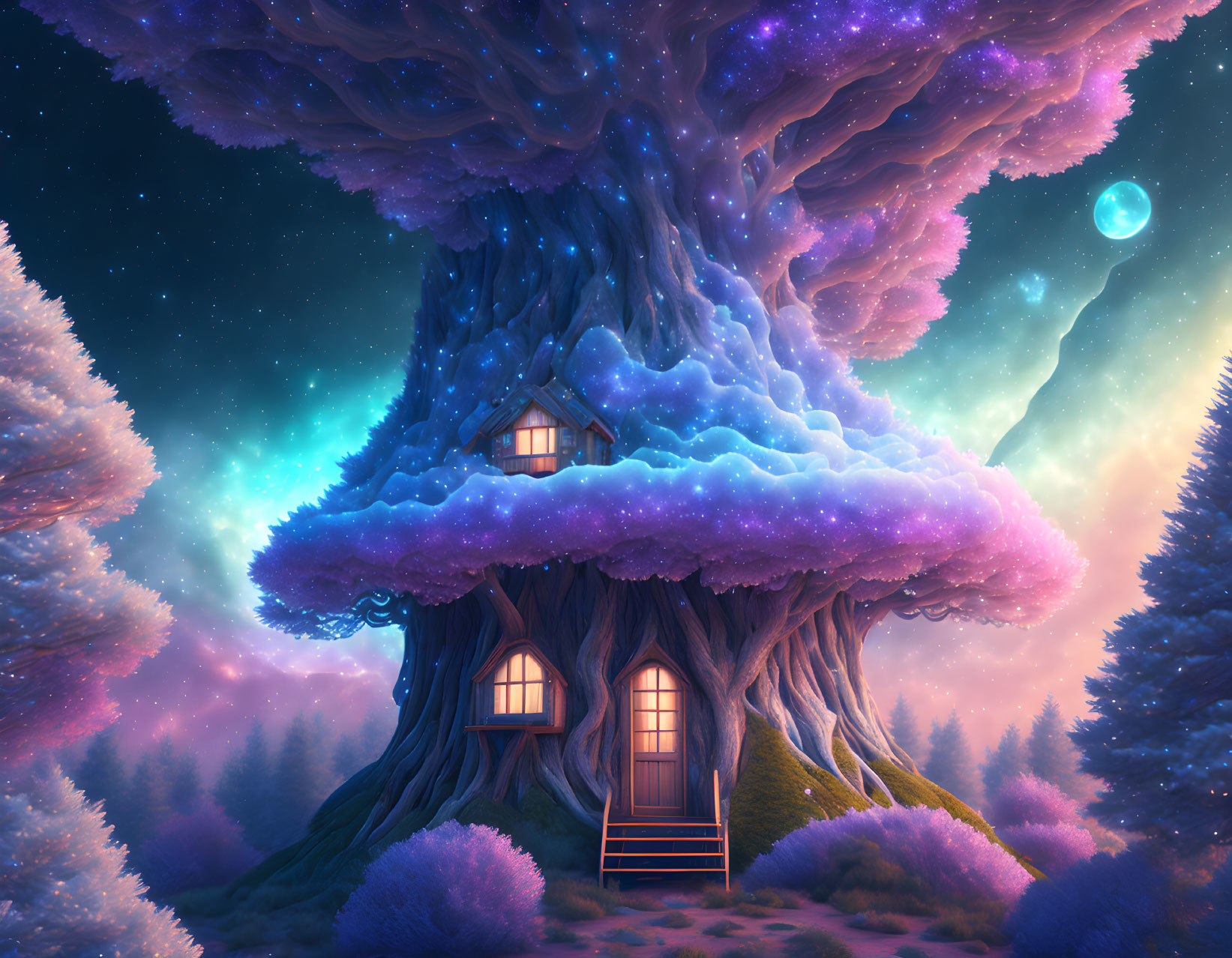 Illustration of grand treehouse in violet night sky