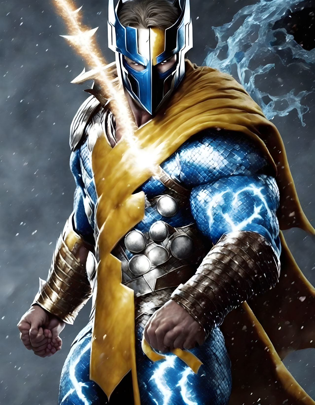 Heroic Figure in Blue and Gold Armor with Glowing Eyes on Cosmic Background