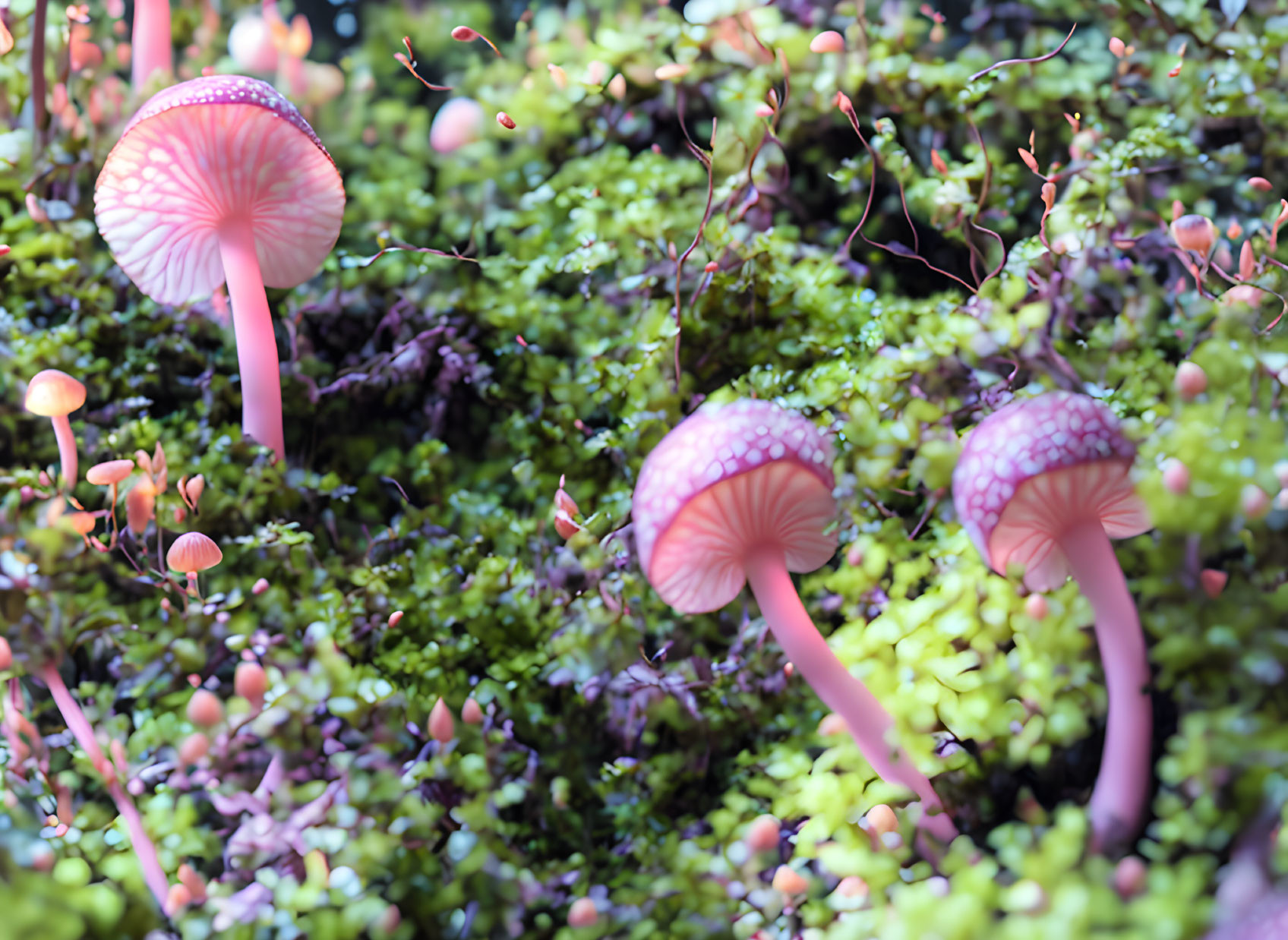 Vibrant pink mushrooms in lush green forest setting