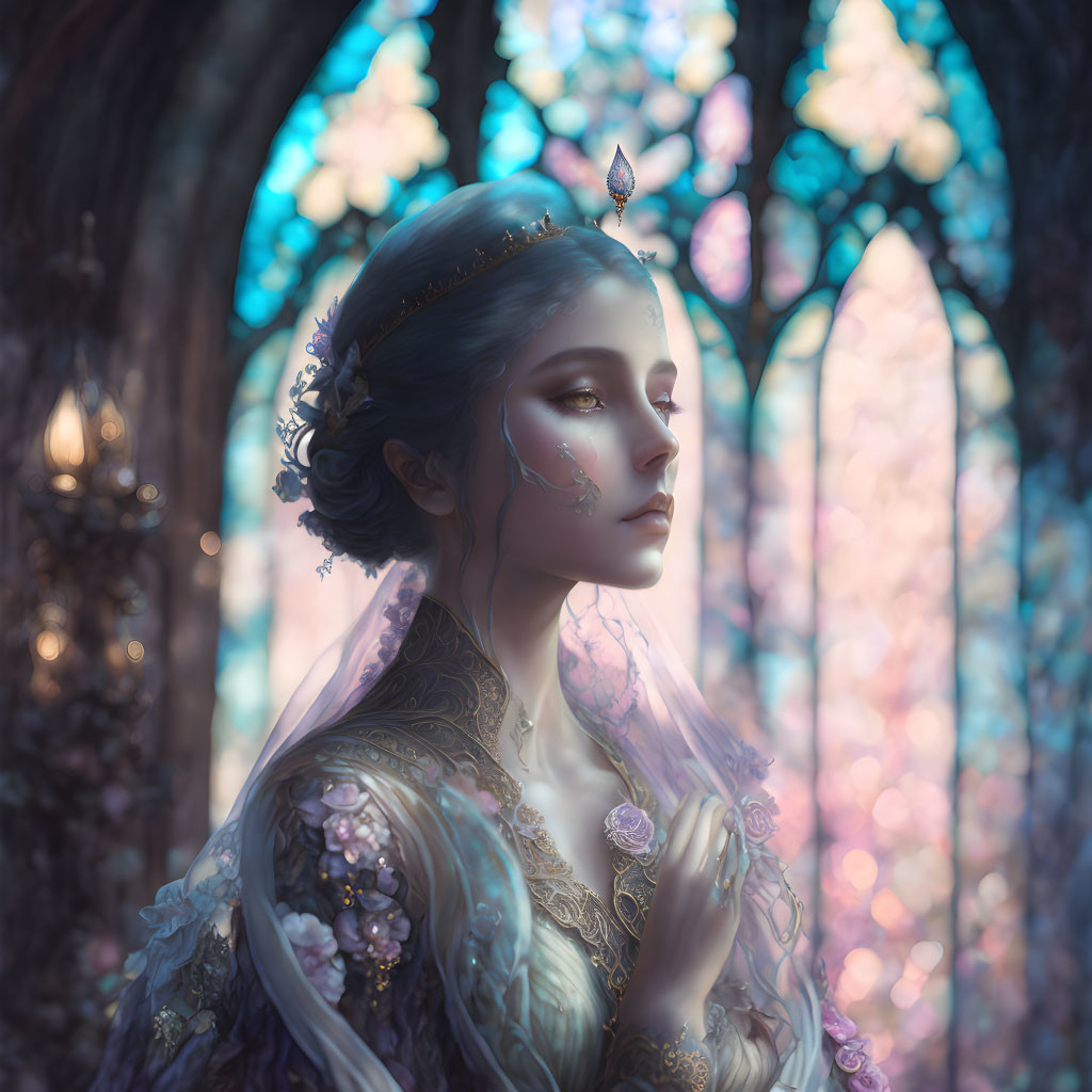 Regal woman with ethereal makeup and crown in front of stained glass window