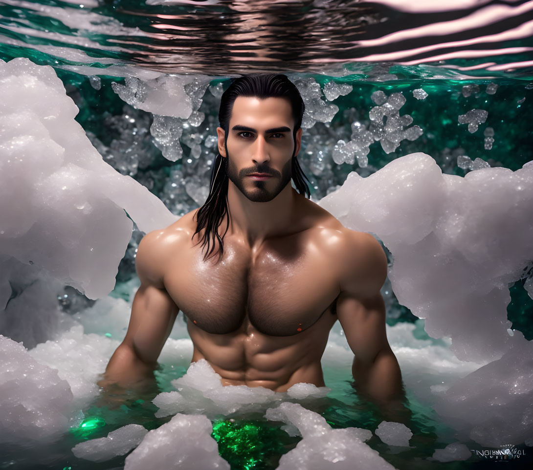 Muscular man with long hair and beard emerging from foamy green sea