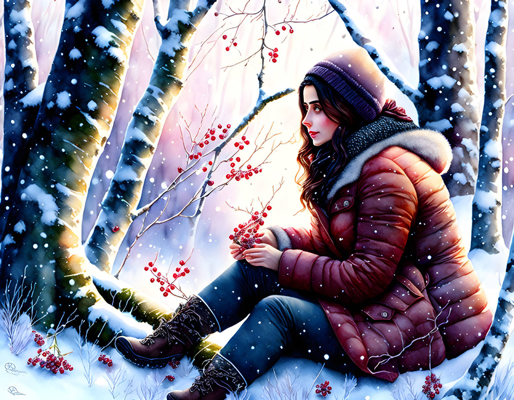 Woman in Winter Attire Holding Red Berries Among Snow-Covered Trees