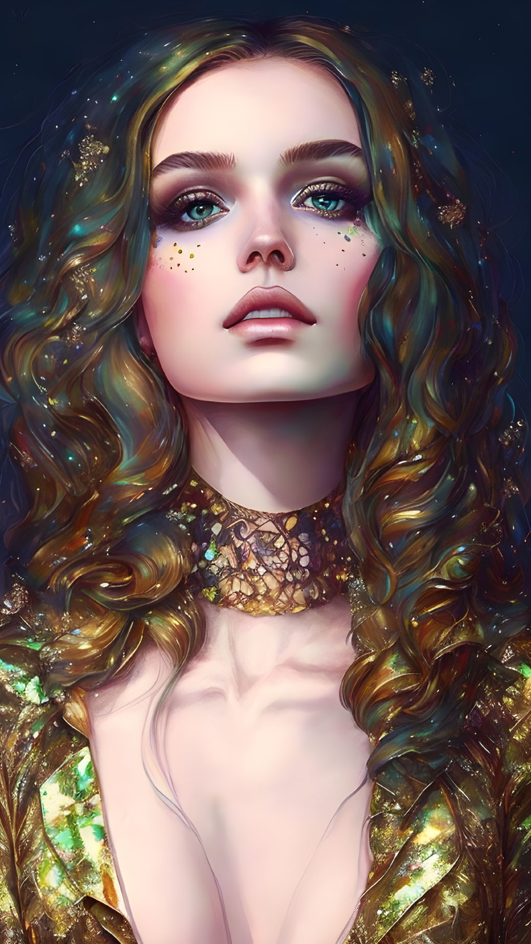 Illustration: Woman with wavy hair, glitter makeup, and golden attire on dark backdrop