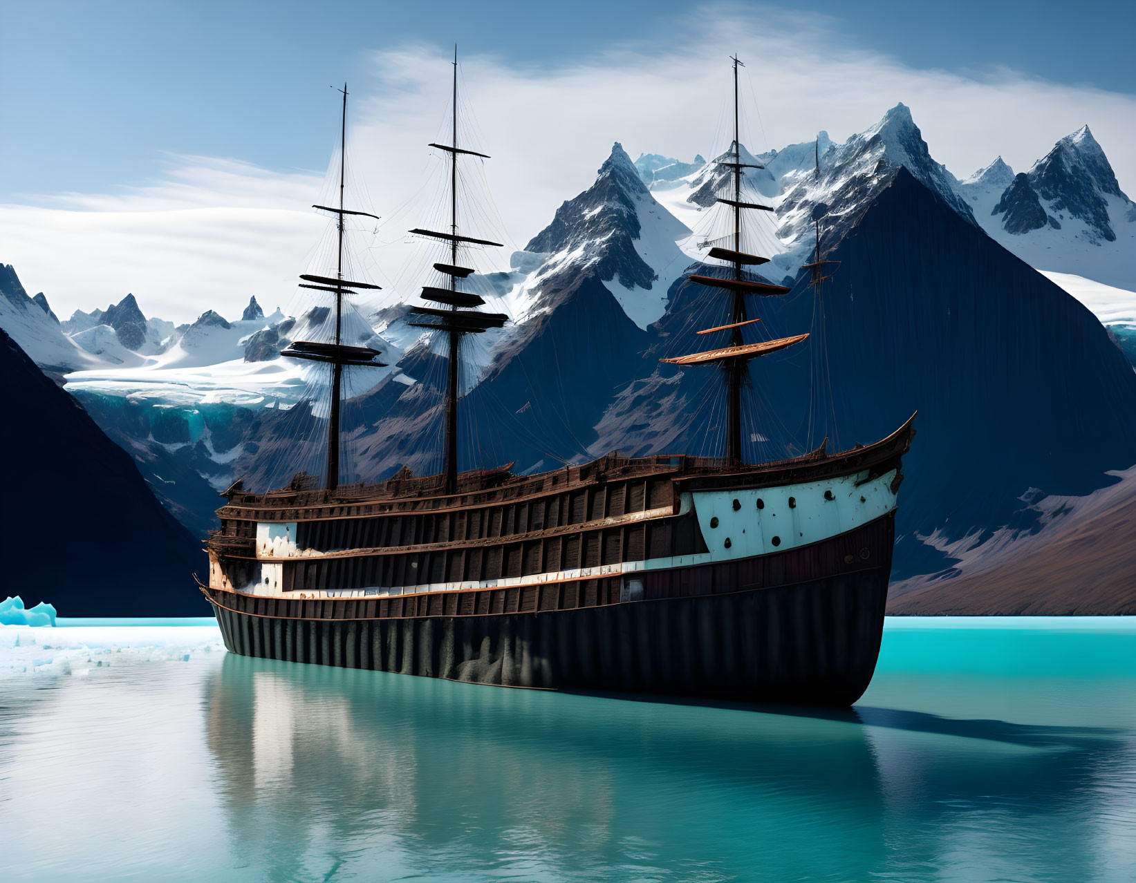 Vintage sailing ship on calm turquoise waters with icebergs and snowy mountains