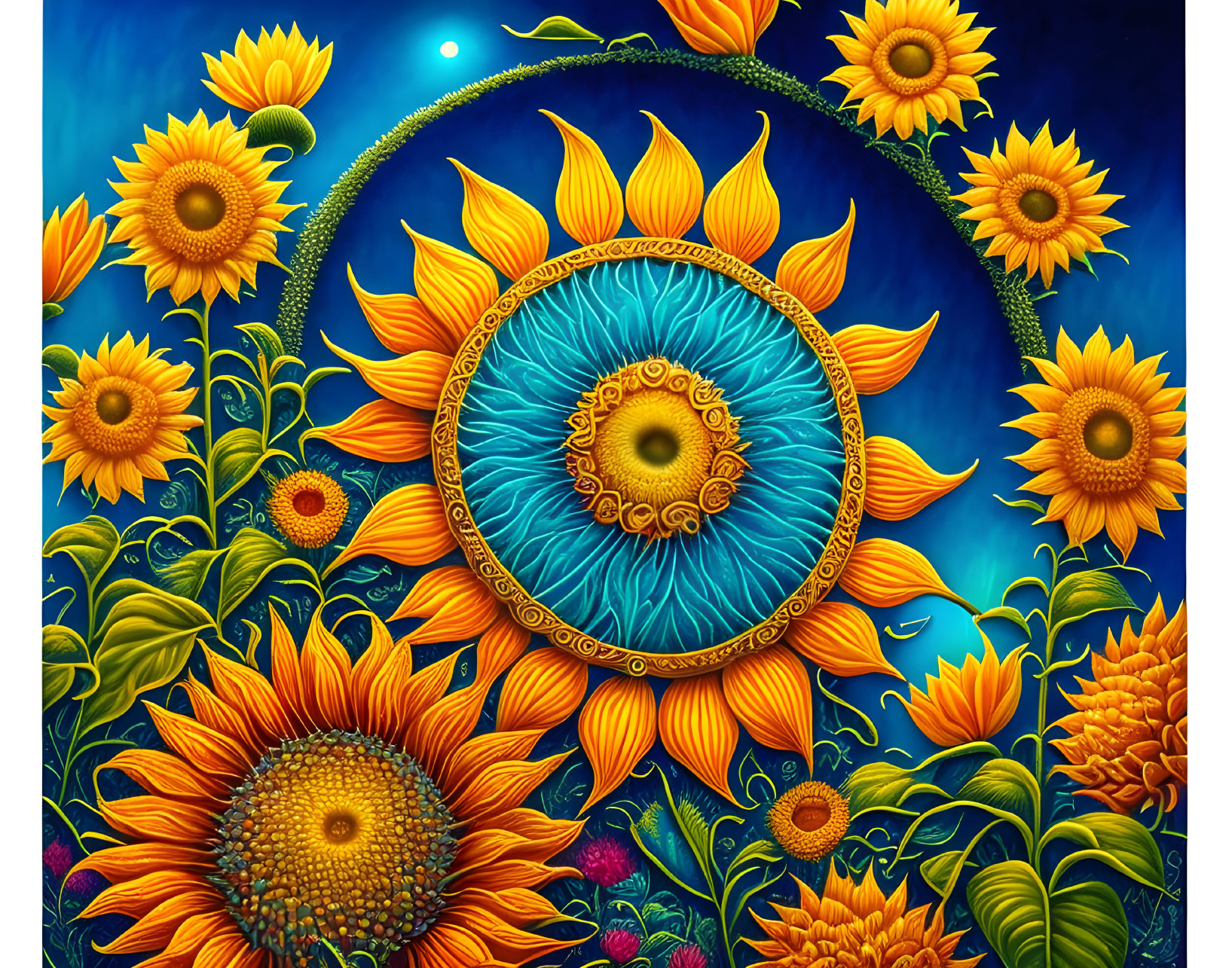 Sunflower painting with sun and moon in vivid blue sky, rich textures and warm/cool tones