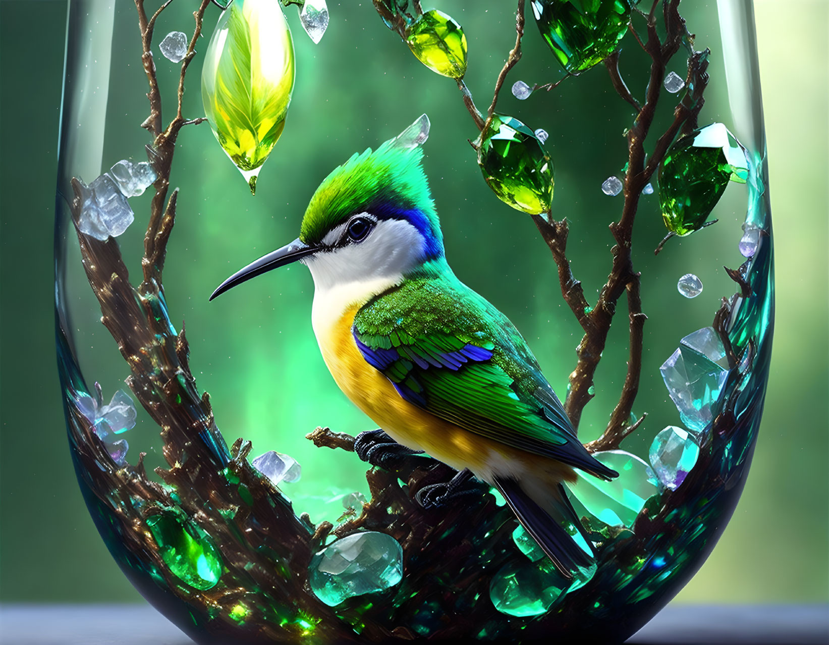 Colorful Bird in Green and Yellow Plumage Inside Glass Jar with Green Crystals and Leaves