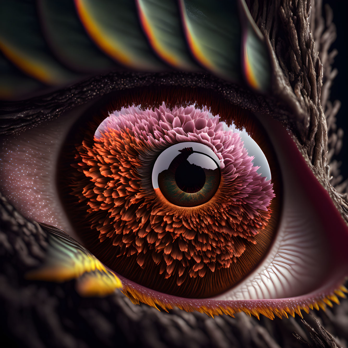 Detailed Close-Up of Colorful Bird's Eye Feathers