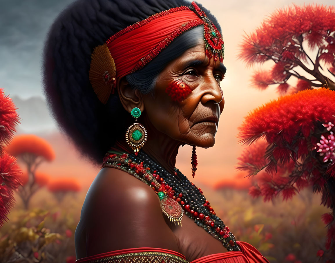 Elderly woman in traditional attire with red foliage and sunset backdrop