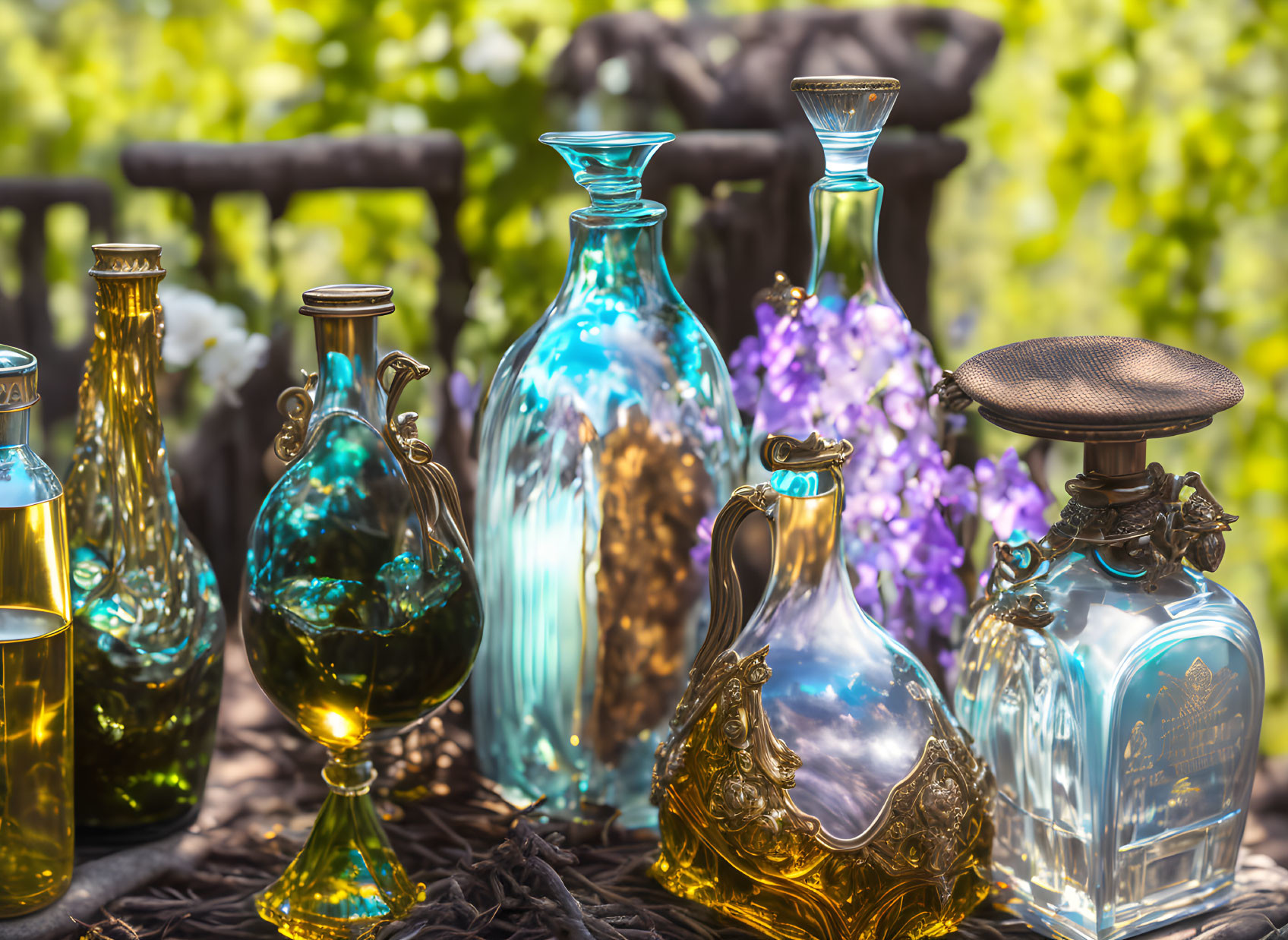 Vintage Perfume Bottles Displayed Outdoors with Purple Flowers and Greenery