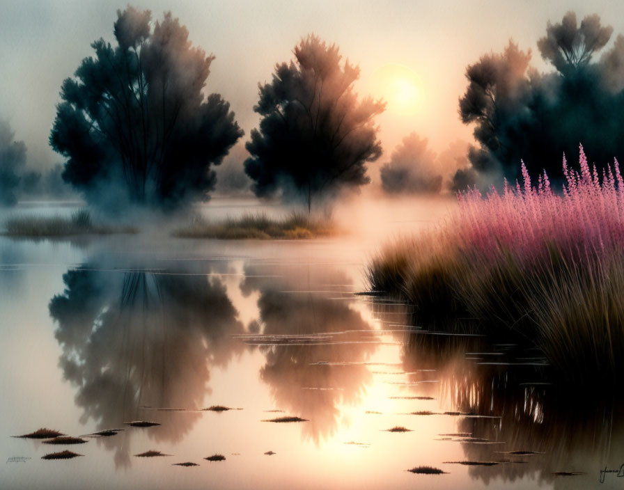 Tranquil sunrise landscape with misty lake reflection