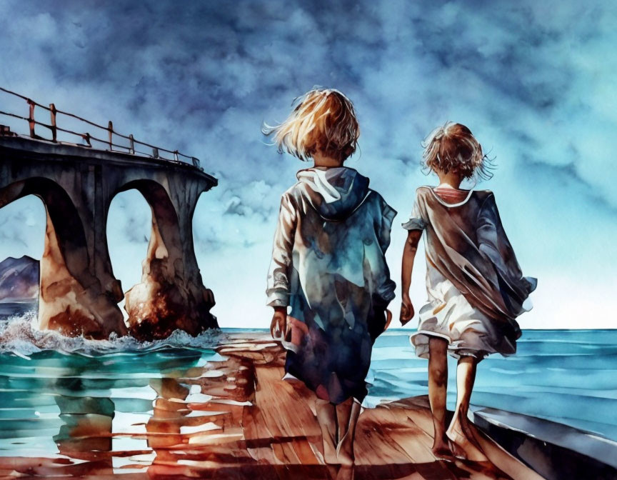 Children walking hand in hand on wooden pier by the sea