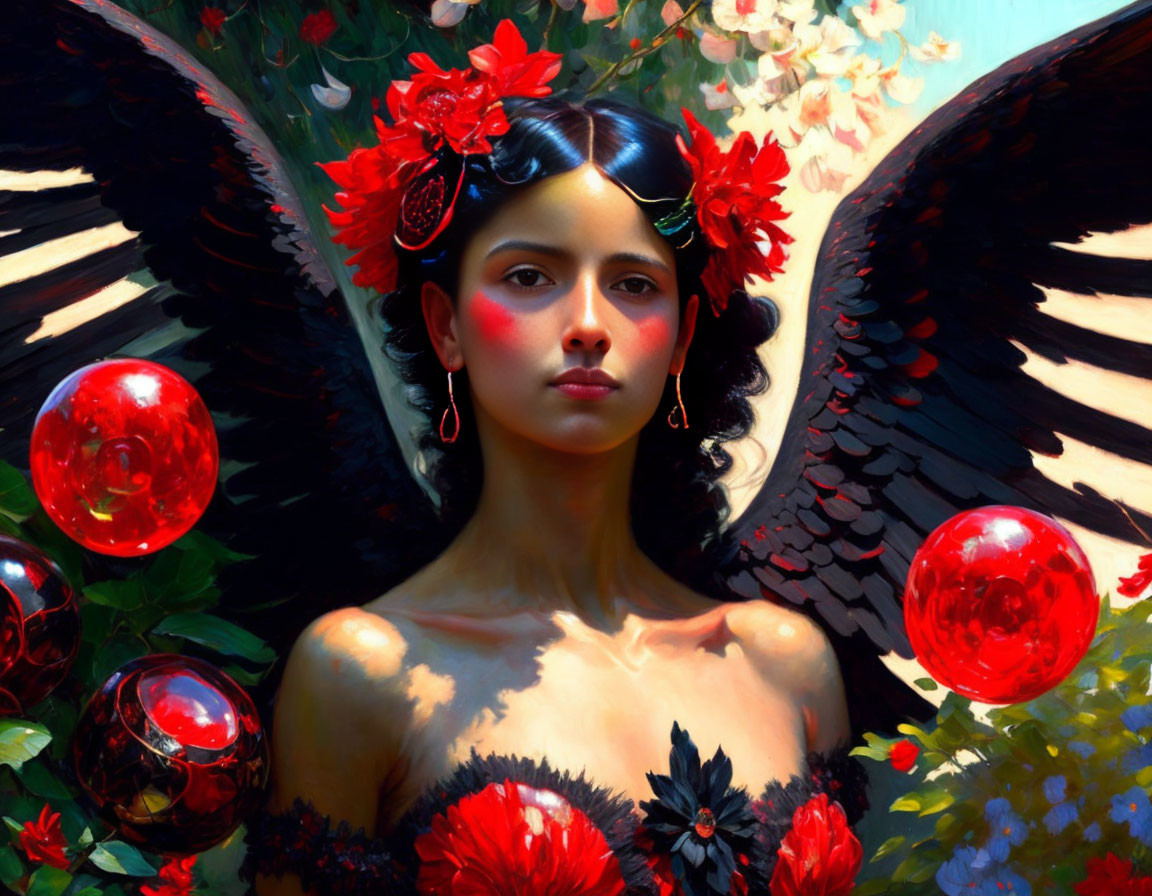 Dark-Haired Woman with Red Flowers and Butterfly Wings in Floral Setting